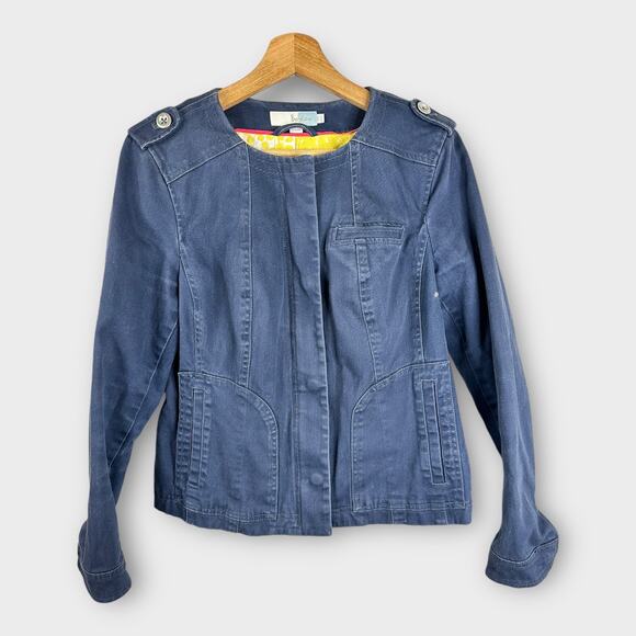 Boden Womens size 4 Blue Medium Wash Stretch Pockets Floral Lined Denim Jacket - Picture 1 of 8